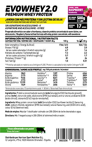 Concentrado de Proteína de Suero Evowhey Protein 2.0 de HSN | Whey Protein Concentrate| Batido de Proteínas en Polvo | Vegetariano, Sin Gluten, Sin Soja, Sabor Frambuesa, 500gr