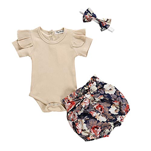 Conjunto de 2 Piezas Ropa Bebe Niña Verano Fossen Recién Nacido 0 a 24 Meses Monos con Volantes y Florales Pantalones Cortos