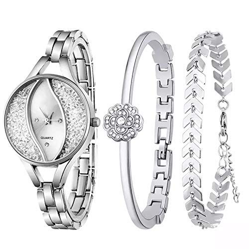 Conjunto de 3 piezas de relojes de mujer con flujo de arena pulsera de diamantes Joyería de las señoras Joyería de las niñas Día de la madre Reloj de pulsera de regalo Aspecto exquisito, elegante y ge