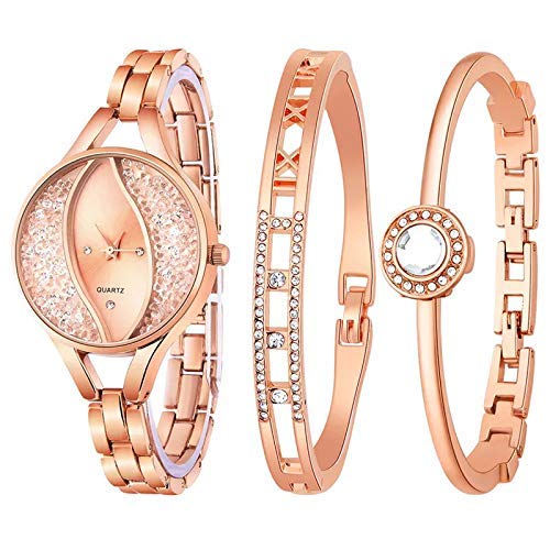 Conjunto de 3 piezas de relojes de mujer con flujo de arena pulsera de diamantes Joyería de las señoras Joyería de las niñas Día de la madre Reloj de pulsera de regalo Aspecto exquisito, elegante y ge