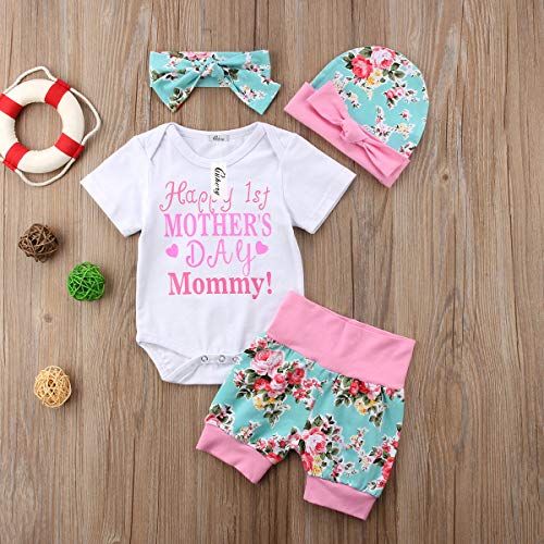 Conjunto de 4 piezas para bebé recién nacido con texto en inglés "Happy 1st Mother's Day", conjunto de pantalones cortos florales+gorros para la diadema