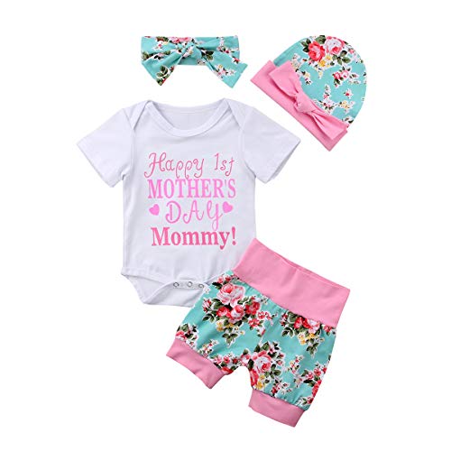 Conjunto de 4 piezas para bebé recién nacido con texto en inglés "Happy 1st Mother's Day", conjunto de pantalones cortos florales+gorros para la diadema