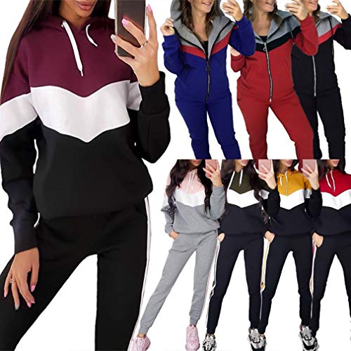 Conjunto de Dos Piezas para Mujer Raya Colorblock Trajes de Chándal Sudadera con Capucha de Manga Larga Sudadera y Pantalones Largos Joggers Suit Lounge Sweatsuit