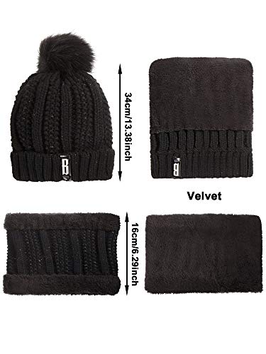 Conjunto de Excursión Esquí de Invierno de Mujeres 5 Piezas, Gorro Bufanda Guantes de Punto Orejeros Medias (Negro)