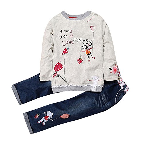 Conjunto de Ropa Niña Otoño Invierno, Fossen 1-5 años Bebe Camisetas Estampados de Dibujos Animados y Vaqueros (18 Meses, Gris)