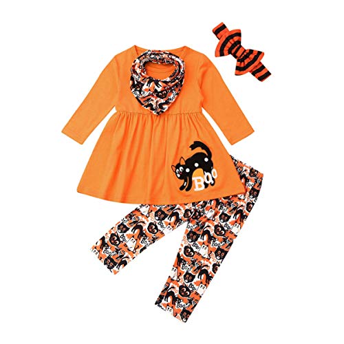 Conjunto de ropa para niños pequeños y niñas de Halloween con fantasma de manga larga blusa de vestir pantalones de polainas - naranja - 6-7 años