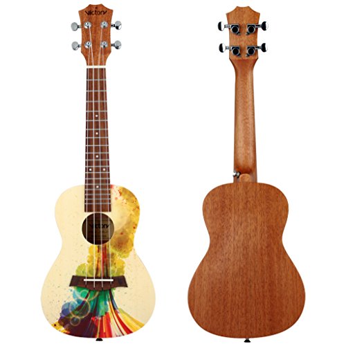 Conjunto de ukelele de concierto de pícea y madera de caoba, 58 cm, con funda, afinador, púas, cuerdas de nailon Aquila y correas, de estilo pictórico