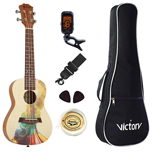 Conjunto de ukelele de concierto de pícea y madera de caoba, 58 cm, con funda, afinador, púas, cuerdas de nailon Aquila y correas, de estilo pictórico