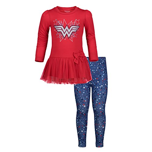 Conjunto de Wonder Woman con Mallas, Túnica de Manga Larga y Volantes, y Lazo Rojo para Bebé Niña, 18 Meses