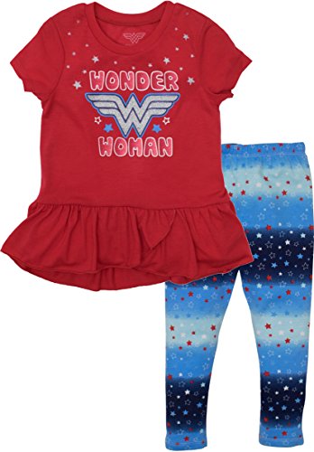 Conjunto de Wonder Woman con Mallas y Camiseta Túnica Asimétrica para Bebé Niña, Rojo/Azul 24 Meses
