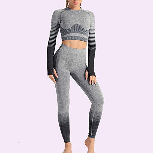 Conjunto Tops Yoga Seamless Gradient Yoga Top de Manga Larga Pantalon Deportivo Leggings Sin Costuras Mujer Alta Cintura Elásticos Fitness para Mujeres Gym Running Yoga (Negro, M)