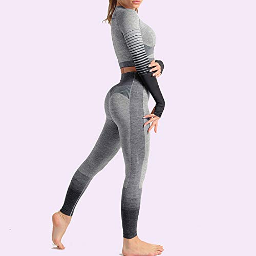 Conjunto Tops Yoga Seamless Gradient Yoga Top de Manga Larga Pantalon Deportivo Leggings Sin Costuras Mujer Alta Cintura Elásticos Fitness para Mujeres Gym Running Yoga (Negro, M)