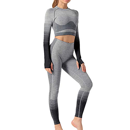 Conjunto Tops Yoga Seamless Gradient Yoga Top de Manga Larga Pantalon Deportivo Leggings Sin Costuras Mujer Alta Cintura Elásticos Fitness para Mujeres Gym Running Yoga (Negro, M)