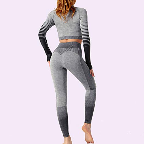 Conjunto Tops Yoga Seamless Gradient Yoga Top de Manga Larga Pantalon Deportivo Leggings Sin Costuras Mujer Alta Cintura Elásticos Fitness para Mujeres Gym Running Yoga (Negro, M)