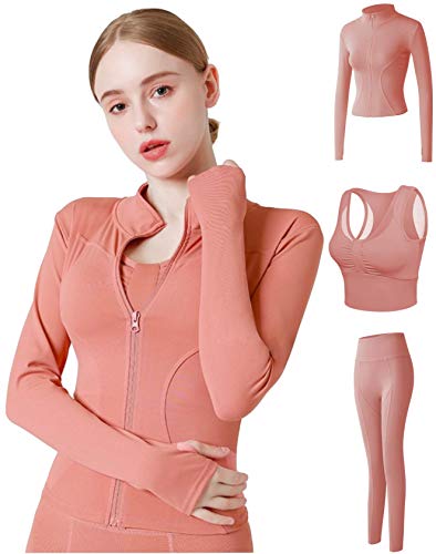 Conjunto Yoga 3 Piezas Ropa Fitness Entrenamiento, Top Pantalones y Chaqueta de Yoga Súper Elásticos. Leggings+Bralette para Mujer+Chaqueta de Manga Larga Mujer (Naranja, S) Conjunto Yoga 3 Piezas Ropa Fitness Entrenamiento, Top Pantalones y Chaqueta de Yoga Súper Elásticos. Leggings+Bralette para Mujer+Chaqueta de Manga Larga Mujer (Naranja, S)