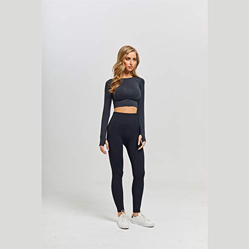 Conjunto Yoga 3 Piezas Ropa Fitness , Pantalones De Yoga Súper Elásticos Sin Costuras+Bralette Para Mujer+Camiseta Deportiva De Manga Larga Sin Costuras Mujer Negro ( S