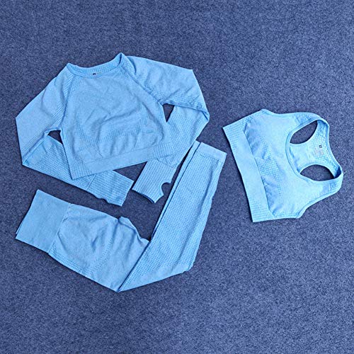 Conjunto Yoga 3 Piezas Ropa Fitness , Pantalones De Yoga Súper Elásticos Sin Costuras+Bralette Para Mujer+Camiseta Deportiva De Manga Larga Sin Costuras Mujer Azul L