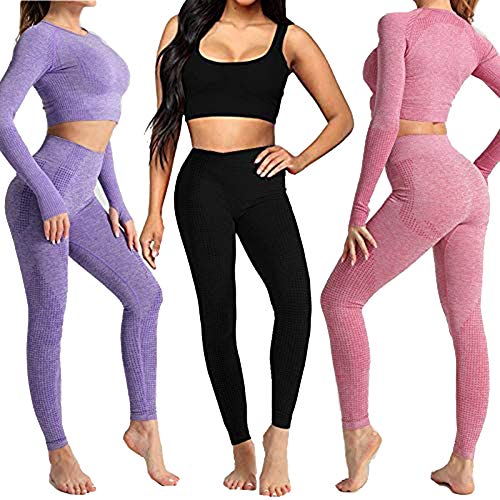 Conjunto Yoga 3 Piezas Ropa Fitness , Pantalones De Yoga Súper Elásticos Sin Costuras+Bralette Para Mujer+Camiseta Deportiva De Manga Larga Sin Costuras Mujer Azul L