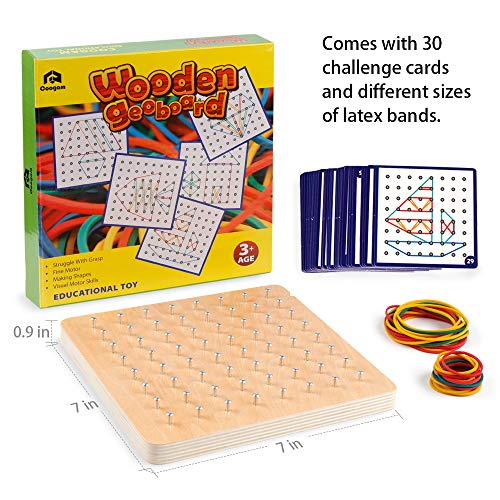 Coogam Geoboard de Madera con Tarjetas de Actividad y Bandas de Goma - 8x8 Geometría Geoboard Montessori Rompecabezas de Formas Inspire la Imaginación y Creatividad de Los Niños