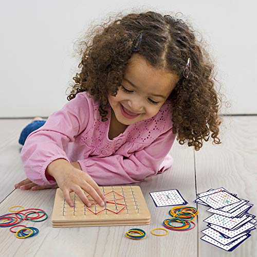 Coogam Geoboard de Madera con Tarjetas de Actividad y Bandas de Goma - 8x8 Geometría Geoboard Montessori Rompecabezas de Formas Inspire la Imaginación y Creatividad de Los Niños