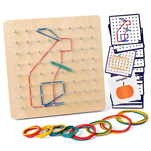 Coogam Geoboard de Madera con Tarjetas de Actividad y Bandas de Goma - 8x8 Geometría Geoboard Montessori Rompecabezas de Formas Inspire la Imaginación y Creatividad de Los Niños