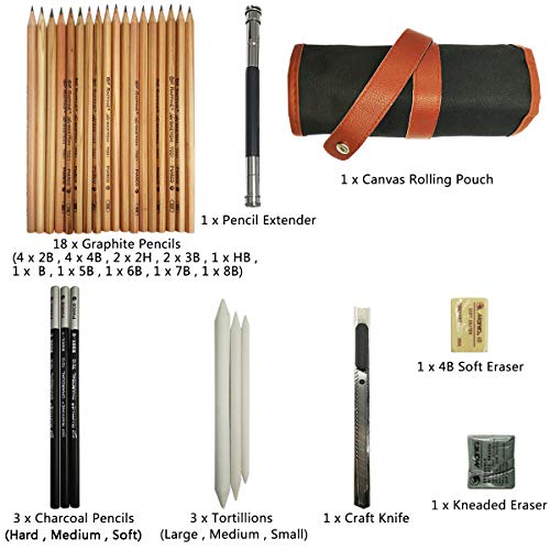 Cooja Set de Lapices de Dibujo, Lapiz Kit de Arte Material de Dibujo con Lapices Grafito e Lapices Carboncillo, Set de Artista para Bosquejo, 29 Piezas Cooja Set de Lapices de Dibujo, Lapiz Kit de Arte Material de Dibujo con Lapices Grafito e Lapices Carboncillo, Set de Artista para Bosquejo, 29 Piezas