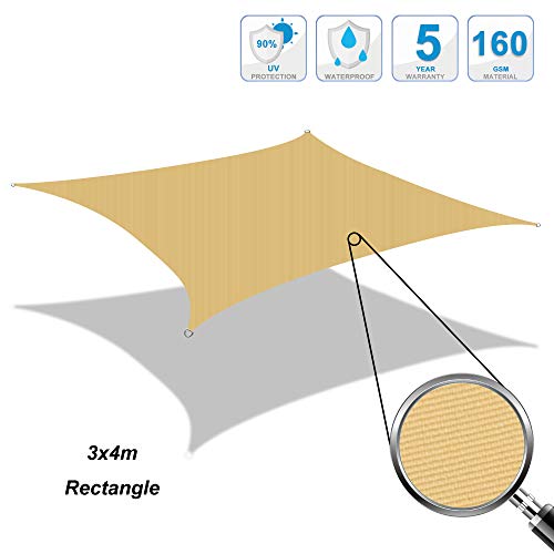Cool Area Toldo Vela de Sombra Rectangular 3 x 4 Metros, Impermeable Protección UV para Patio Exteriores Jardín, Color Arena Cool Area Toldo Vela de Sombra Rectangular 3 x 4 Metros, Impermeable Protección UV para Patio Exteriores Jardín, Color Arena