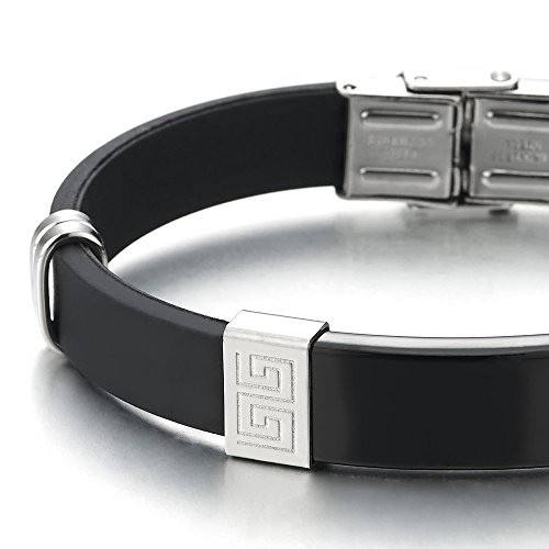 COOLSTEELANDBEYOND Acero Negro Plata Modelo Dominante Griego ID Identificación Pulsera de Hombre, Caucho Negro Pulsera del Abrigo