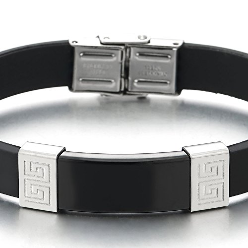 COOLSTEELANDBEYOND Acero Negro Plata Modelo Dominante Griego ID Identificación Pulsera de Hombre, Caucho Negro Pulsera del Abrigo COOLSTEELANDBEYOND Acero Negro Plata Modelo Dominante Griego ID Identificación Pulsera de Hombre, Caucho Negro Pulsera del Abrigo