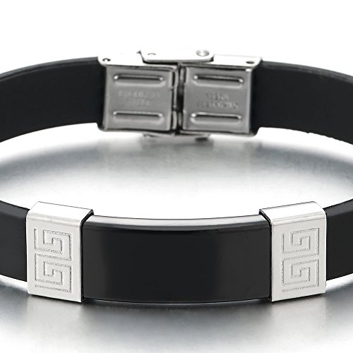 COOLSTEELANDBEYOND Acero Negro Plata Modelo Dominante Griego ID Identificación Pulsera de Hombre, Caucho Negro Pulsera del Abrigo