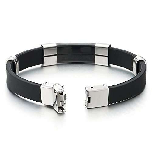 COOLSTEELANDBEYOND Acero Negro Plata Modelo Dominante Griego ID Identificación Pulsera de Hombre, Caucho Negro Pulsera del Abrigo COOLSTEELANDBEYOND Acero Negro Plata Modelo Dominante Griego ID Identificación Pulsera de Hombre, Caucho Negro Pulsera del Abrigo