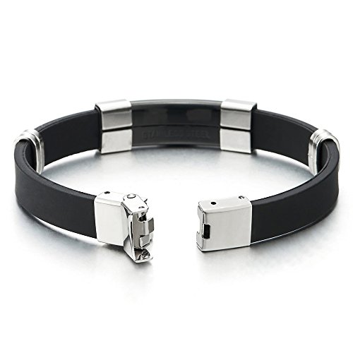 COOLSTEELANDBEYOND Acero Negro Plata Modelo Dominante Griego ID Identificación Pulsera de Hombre, Caucho Negro Pulsera del Abrigo