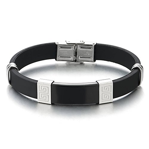 COOLSTEELANDBEYOND Acero Negro Plata Modelo Dominante Griego ID Identificación Pulsera de Hombre, Caucho Negro Pulsera del Abrigo COOLSTEELANDBEYOND Acero Negro Plata Modelo Dominante Griego ID Identificación Pulsera de Hombre, Caucho Negro Pulsera del Abrigo