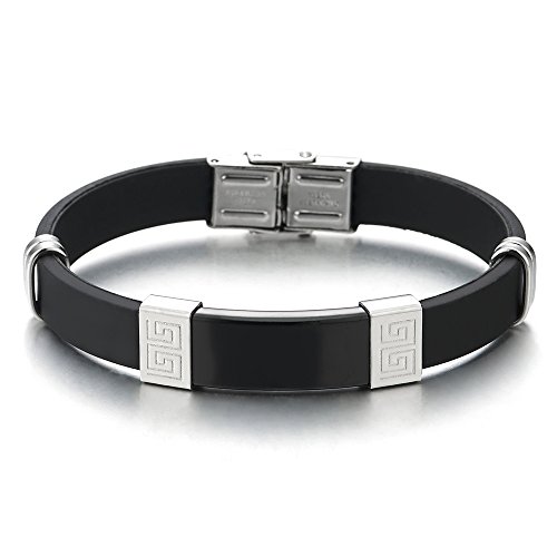 COOLSTEELANDBEYOND Acero Negro Plata Modelo Dominante Griego ID Identificación Pulsera de Hombre, Caucho Negro Pulsera del Abrigo