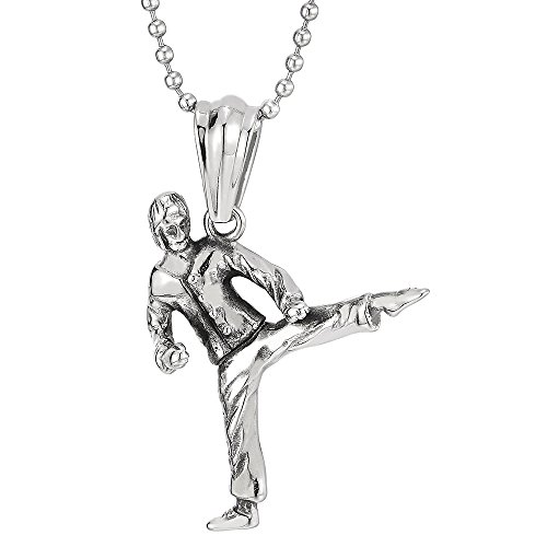 COOLSTEELANDBEYOND Artista Marcial Kung Fu Kárate Colgante, Collar con Colgante de Hombre, Acero Inoxidable, Bola Cadena 60CM