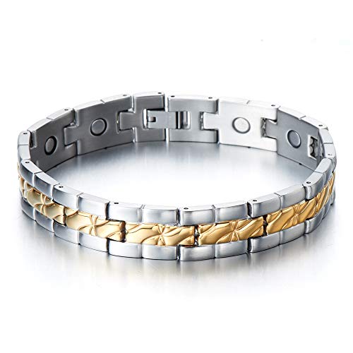 COOLSTEELANDBEYOND Magnetico, Pulsera de Hombre, Acero Inoxidable, con Imanes, Link, Brazalete, Oro Plata Dos Tonos