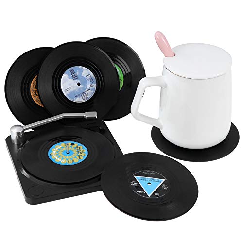 Coolty 6 Piezas Posavasos de Vinilo Retro para Discos de CD, Antideslizante Redonda Posavasos con Soporte Coolty 6 Piezas Posavasos de Vinilo Retro para Discos de CD, Antideslizante Redonda Posavasos con Soporte