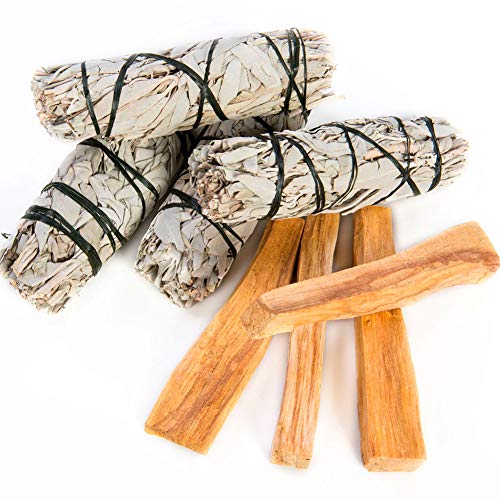 Copalosanto Kit con Salvia Blanca Apiana y Palosanto, Incienso Natural para Quemar, Set 4 Sticks de Madera Sagrada y 4 Manojos Atados de 10cm