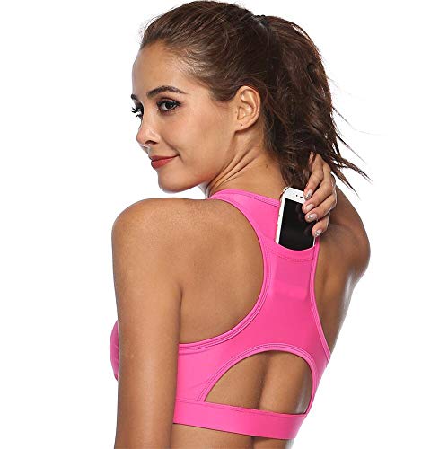 Copper Sujetador Deportivo Femenino con compresión de Bolsillo para teléfono Ropa Interior Push up Top Femenino Gimnasio Fitness Running Yoga BH Sport Bra Yoga Bra,Rosado,L