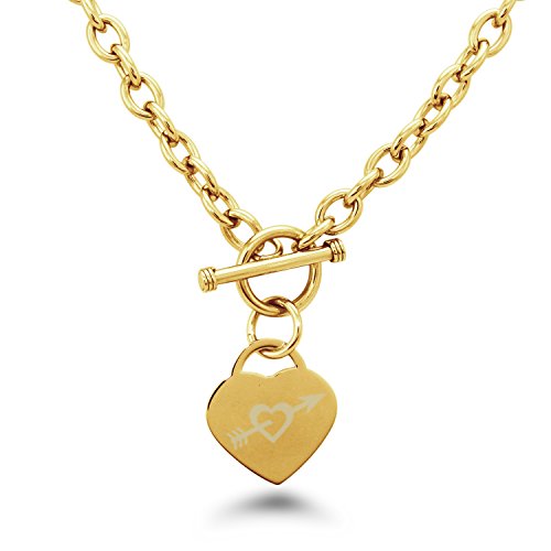 Corazón y Flecha del Icono Chapado en Oro Acero inoxidable Corazón Grabado Encanto Collar