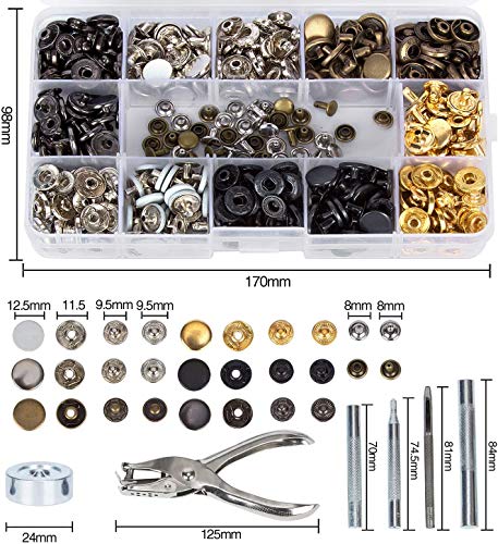 Corchetes de Presión Metálicos, 146 Pcs Botones de Presión, Remaches de Cuero, Remache de Doble Tapa, 6 Colores Kit de Herramienta de Botón Snap Metal Artesanía para Ropa/Cuero/Vaquero/Bolsos