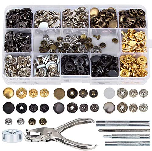 Corchetes de Presión Metálicos, 146 Pcs Botones de Presión, Remaches de Cuero, Remache de Doble Tapa, 6 Colores Kit de Herramienta de Botón Snap Metal Artesanía para Ropa/Cuero/Vaquero/Bolsos