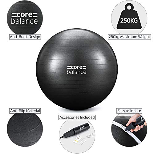 CORE BALANCE, Pelota de Pilates, Fitness, Yoga, Embarazo, Fitball para Ejercicios Gimnasia - Muy Resistente – Tamaño 55cm 65cm 75cm 85cm - Hinchador Incluido