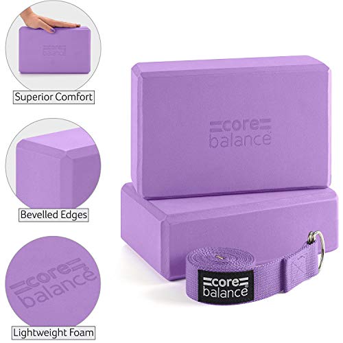 CORE BALANCE Set Bloque Espuma Yoga con Correa - Ladrillo Soporte De Yoga Pilates. Alta Densidad, Resistente, Firme, Ligero - Correa Algodón con Hebilla D Gratis, 5 Colores