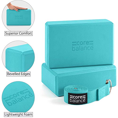 CORE BALANCE Set Bloque Espuma Yoga con Correa - Ladrillo Soporte De Yoga Pilates. Alta Densidad, Resistente, Firme, Ligero - Correa Algodón con Hebilla D Gratis, 5 Colores