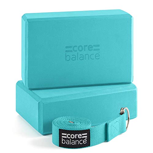 CORE BALANCE Set Bloque Espuma Yoga con Correa - Ladrillo Soporte De Yoga Pilates. Alta Densidad, Resistente, Firme, Ligero - Correa Algodón con Hebilla D Gratis, 5 Colores