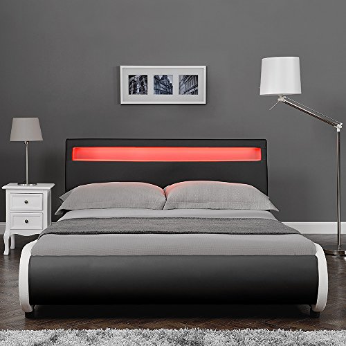 Corium Cama Elegante tapizada en Piel sintética - con Sistema de iluminación LED - 140x200cm (Negro)