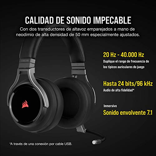 Corsair Virtuoso RGB Wireless SE - Auriculares Alta Fidelidad Gaming (Sonido Envolvente 7.1, Micrófono Omnidireccional, para PC y PS4) Over Ear, Negro