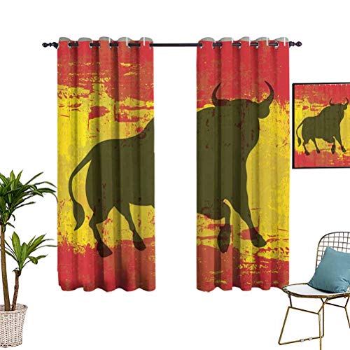 Cortina de armario de toros españoles, símbolo envejecido, icono español, bandera de España, grunge digital clip Art Funky Lovely Decor Print cortina interior rojo y amarillo W52 x L63 pulgadas