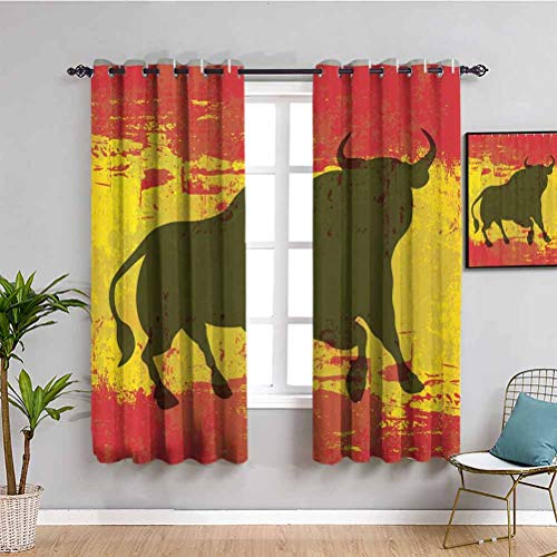 Cortina de armario de toros españoles, símbolo envejecido, icono español, bandera de España, grunge digital clip Art Funky Lovely Decor Print cortina interior rojo y amarillo W52 x L63 pulgadas